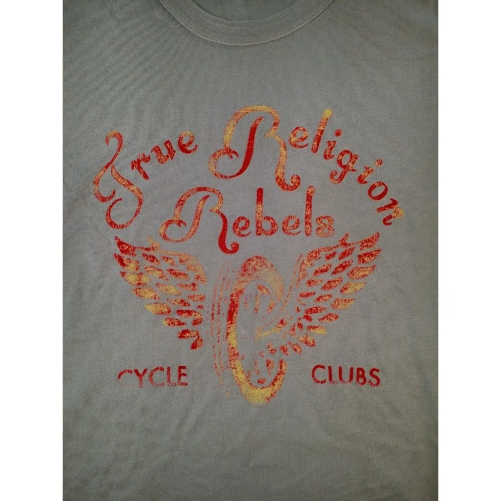 True‎ Religion Rebels Biker Graphic Tee Medium Khaki Winged Cycle Club Horseshoe